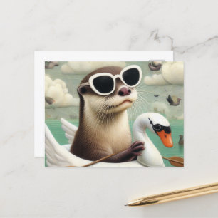 Schattigee otter in een zwevende zwaan briefkaart