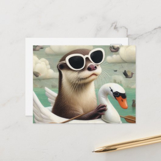 Schattigee otter in een zwevende zwaan briefkaart (Voorkant / Achterkant in situ)