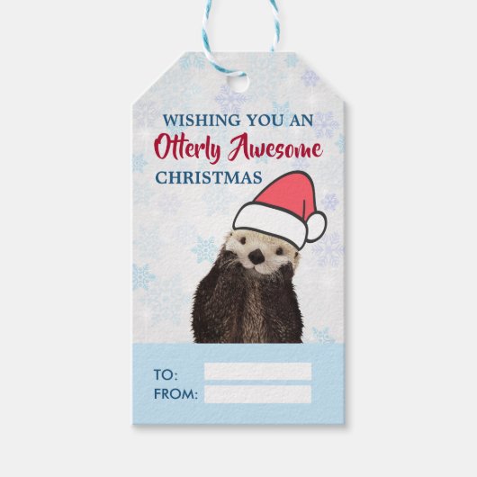 Schattigee otter met een kerstmuts cadeaulabel (Voorkant)