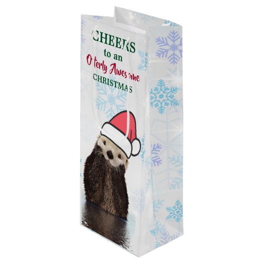 Schattigee otter met een kerstmuts wijn cadeautas (Voorkant Gekanteld)