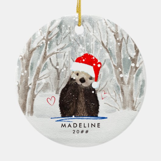 Schattigee Otter met Santa Hat Kind Naam Keramisch Ornament (Achterkant)