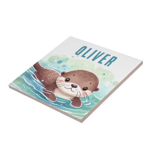 Schattigee otterillustratie aangepaste naam tegeltje (Zijkant)