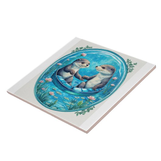 Schattigee otters die handen vasthouden. Blauwe wa Tegeltje (Zijkant)