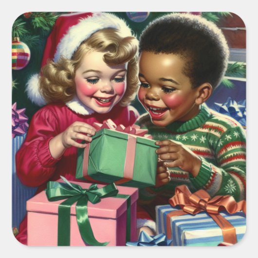 Schattigee ouderwetse kerst en gelukkig nieuwjaar vierkante sticker (Voorkant)