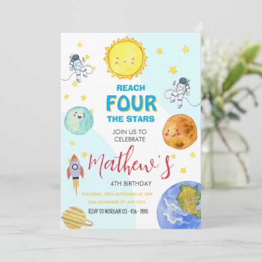 Schattigee Outer Space 4e Kind verjaardag Kaart (Staand voorkant)