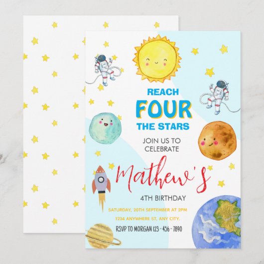 Schattigee Outer Space 4e Kind verjaardag Kaart (Voorkant / Achterkant)