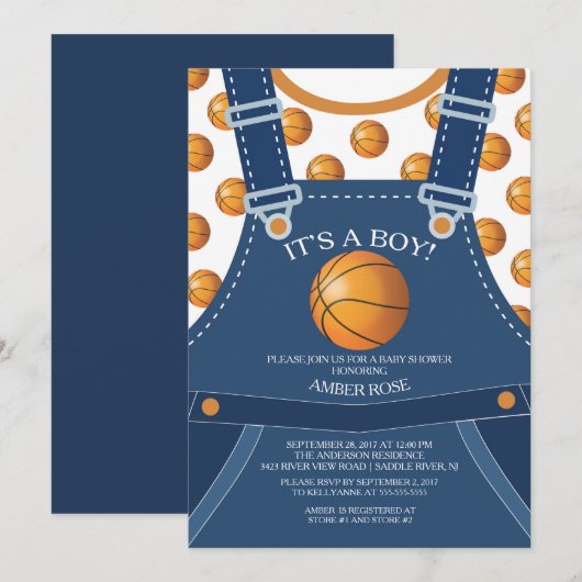 Schattigee Overalls BASKETBAL Baby shower Invitati Kaart (Voorkant / Achterkant)