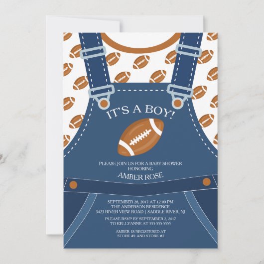 Schattigee Overalls FOOTBALL Baby shower Invitatio Kaart (Voorkant)