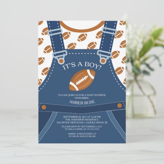 Schattigee Overalls FOOTBALL Baby shower Invitatio Kaart (Staand voorkant)