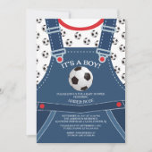 Schattigee Overalls Voetbal Baby shower Invitation Kaart (Voorkant)