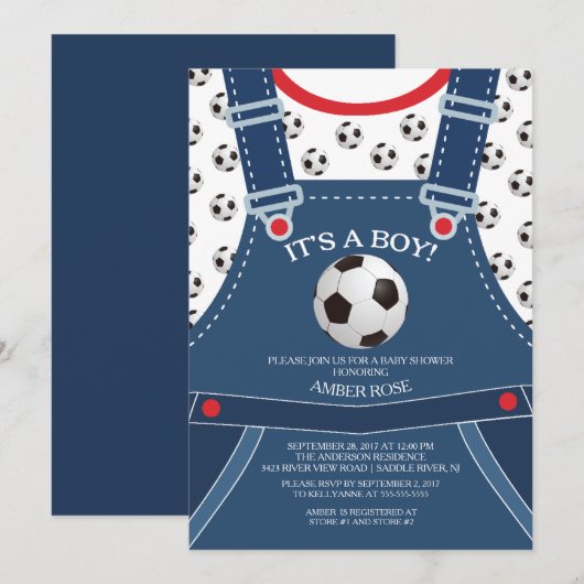 Schattigee Overalls Voetbal Baby shower Invitation Kaart (Voorkant / Achterkant)