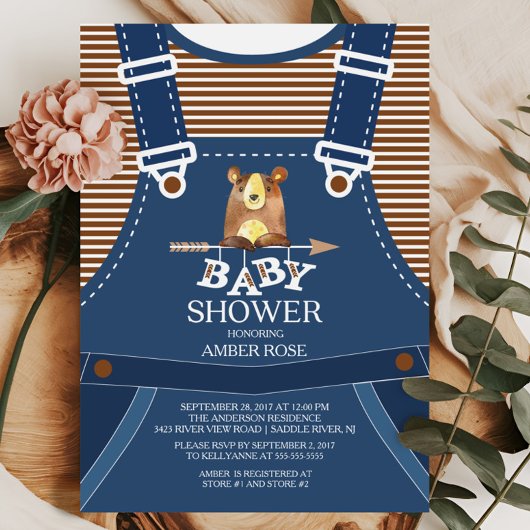 Schattigee Overalls Woodland Beer Baby shower Invi Kaart