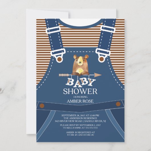 Schattigee Overalls Woodland Beer Baby shower Invi Kaart (Voorkant)