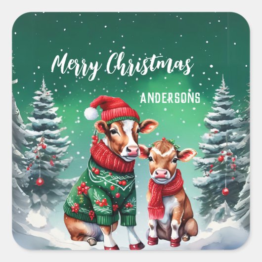 Schattigee OX stier Koe Kerstman verjaardagsfeestj Vierkante Sticker (Voorkant)