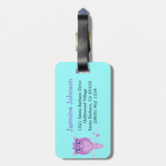 Schattigee paarse aqua kinder uil aangepaste bagag bagagelabel (Achterkant verticaal)
