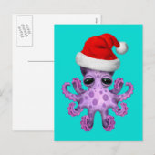 Schattigee Paarse Baby-octopus met Santa Hat Blue Feestdagenkaart (Voorkant / Achterkant)