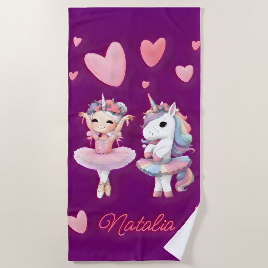 Schattigee Paarse Ballerina Eenhoorn Strandlaken (Voorkant)