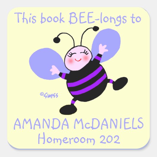 Schattigee Paarse Bee Cartoon Art boek Sticker voo (Voorkant)