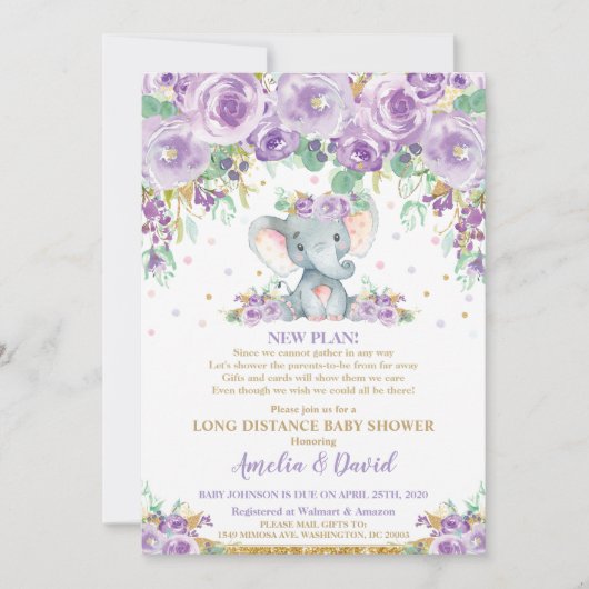 Schattigee Paarse Bloemenolifant Baby shower per M Kaart (Voorkant)