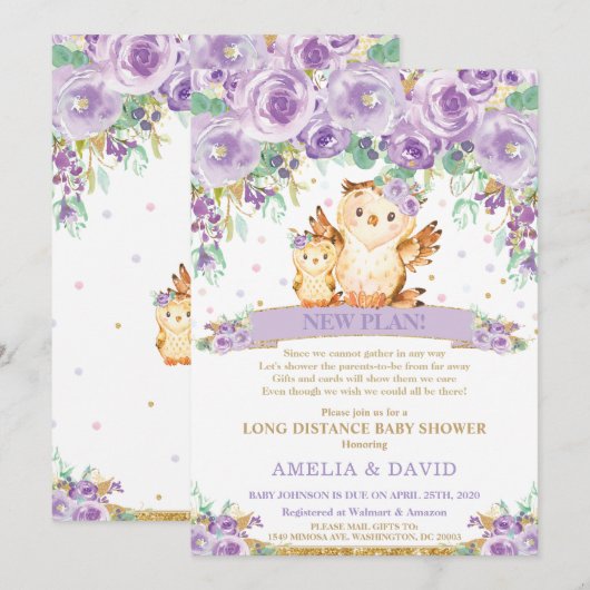 Schattigee Paarse Bloemenuil Baby shower per Mail Kaart (Voorkant / Achterkant)