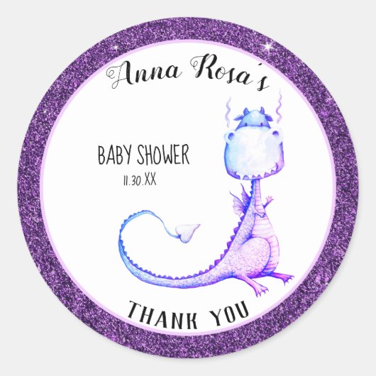 * Schattigee Paarse Blue Dragon Baby shower dank u Ronde Sticker (Voorkant)