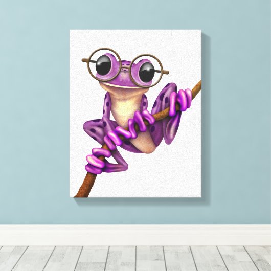 Schattigee Paarse boomkikker met oogbril op wit Canvas Afdruk (Insitu (Houten vloer))