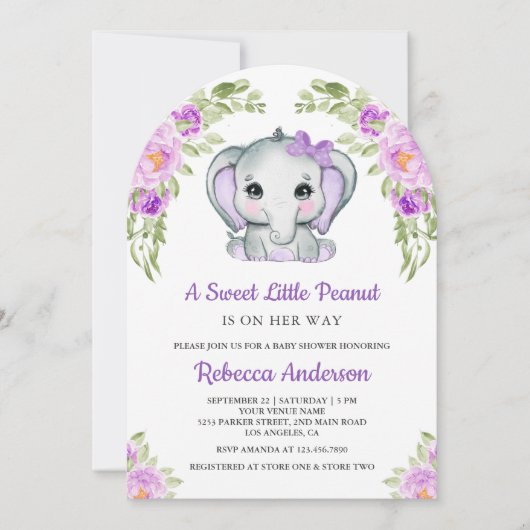 Schattigee Paarse Bow Floral Elephant Arch Baby sh Kaart (Voorkant)