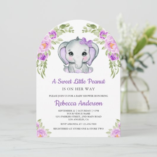 Schattigee Paarse Bow Floral Elephant Arch Baby sh Kaart (Staand voorkant)