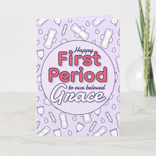 Schattigee Paarse Cartoon Pad Tampon Eerste Period Kaart (Voorkant)