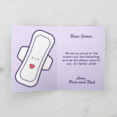 Schattigee Paarse Cartoon Pad Tampon Eerste Period Kaart (Binnen)