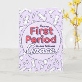 Schattigee Paarse Cartoon Pad Tampon Eerste Period Kaart (Gele Bloem)