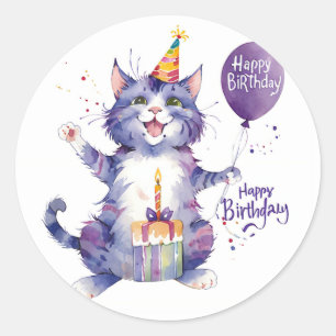 Schattigee Paarse Cat Verjaardagsballon - Verjaard Ronde Sticker