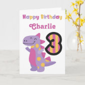 Schattigee Paarse Dinosaurus 3e Verjaardag Kaart (Gele Bloem)