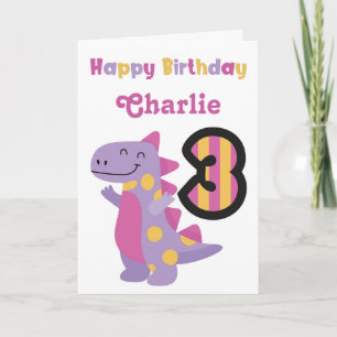 Schattigee Paarse Dinosaurus 3e Verjaardag Kaart