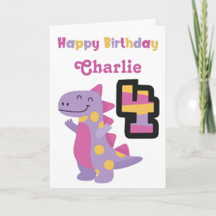 Schattigee Paarse Dinosaurus 4e Verjaardag Kaart
