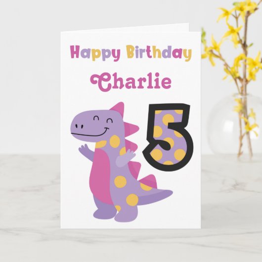 Schattigee Paarse Dinosaurus 5e Verjaardag Kaart (Gele Bloem)