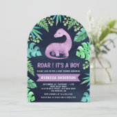 Schattigee Paarse Dinosaurus Boog Navy Blauw Baby  Kaart (Staand voorkant)