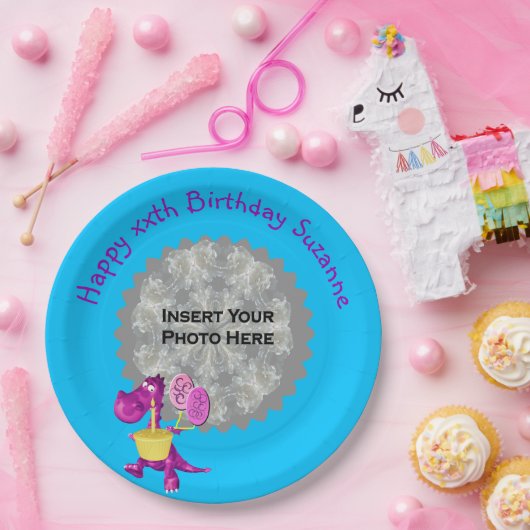 Schattigee Paarse Dinosaurus Foto Verjaardagsfeest Papieren Bordje (Feest)