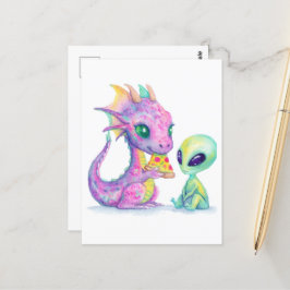 Schattigee Paarse Dragon Baby eet pizza met buiten Briefkaart