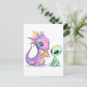 Schattigee Paarse Dragon Baby eet pizza met buiten Briefkaart (Staand voorkant)