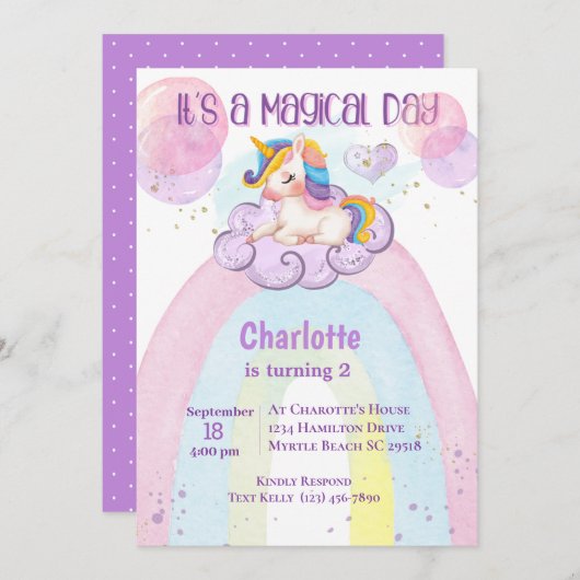 Schattigee Paarse eenhoorn 2e verjaardag regenboog Kaart (Voorkant / Achterkant)