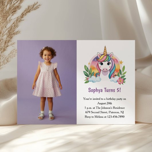 Schattigee Paarse Eenhoorn Foto Kids Verjaardagsfe Kaart