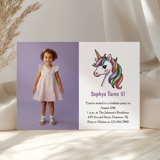 Schattigee Paarse Eenhoorn Foto Kids Verjaardagsfe Kaart