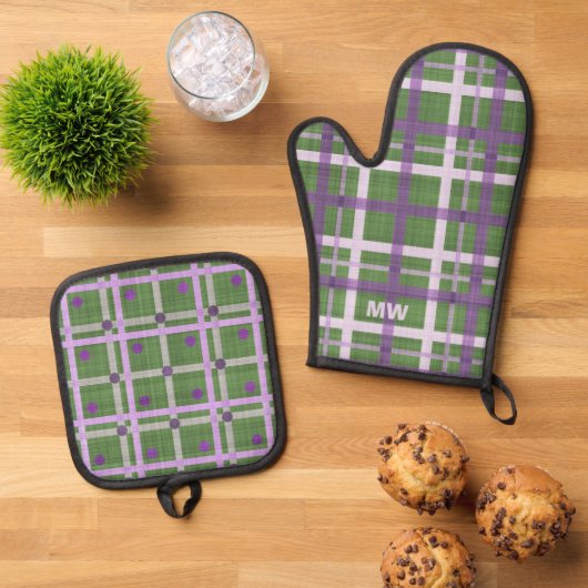 Schattigee Paarse en groene tinten Ovenwant & Pannenlap Set (Top down)