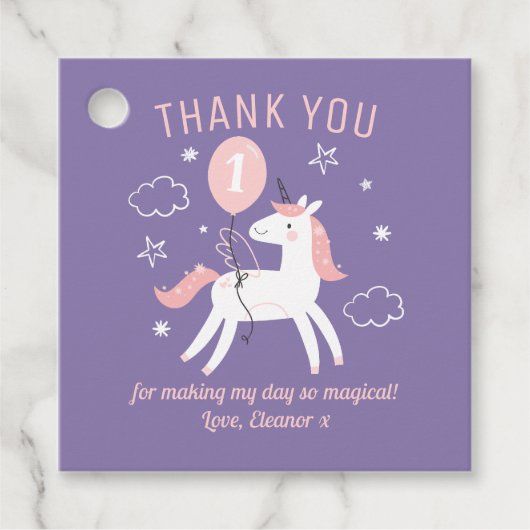 Schattigee Paarse en Roze Eenhoorn Verjaardag Beda Bedankjes Labels (Voorkant)