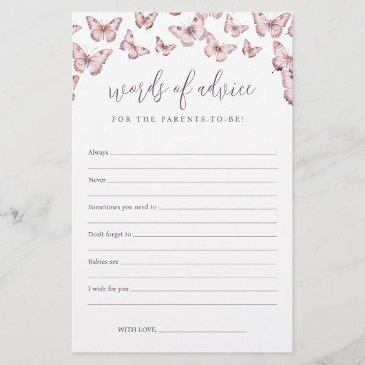 Schattigee Paarse en Roze Vlinder Baby Advies Kaar (Voorkant)