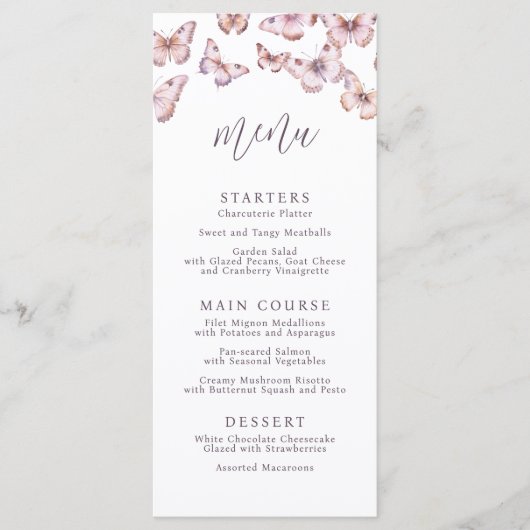 Schattigee Paarse en roze vlinder Baby shower Menu (Voorkant)