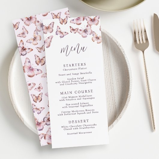 Schattigee Paarse en roze vlinder Baby shower Menu