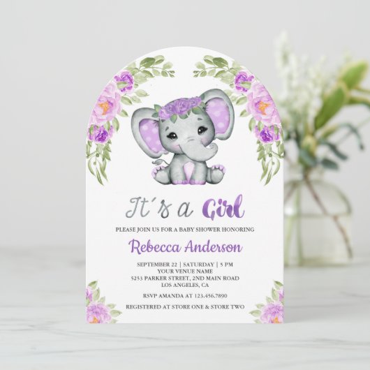 Schattigee Paarse Floral Elephant Arch Baby shower Kaart (Staand voorkant)
