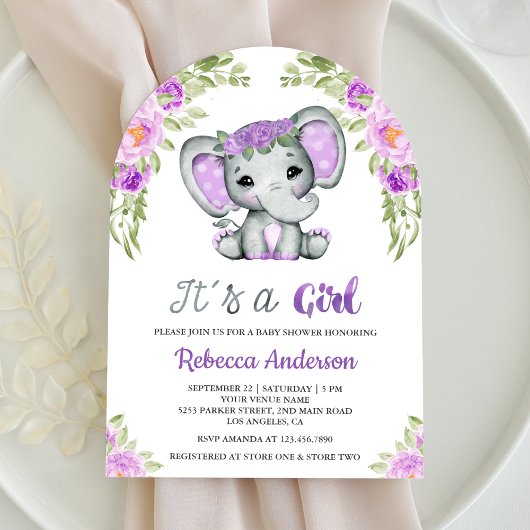 Schattigee Paarse Floral Elephant Arch Baby shower Kaart